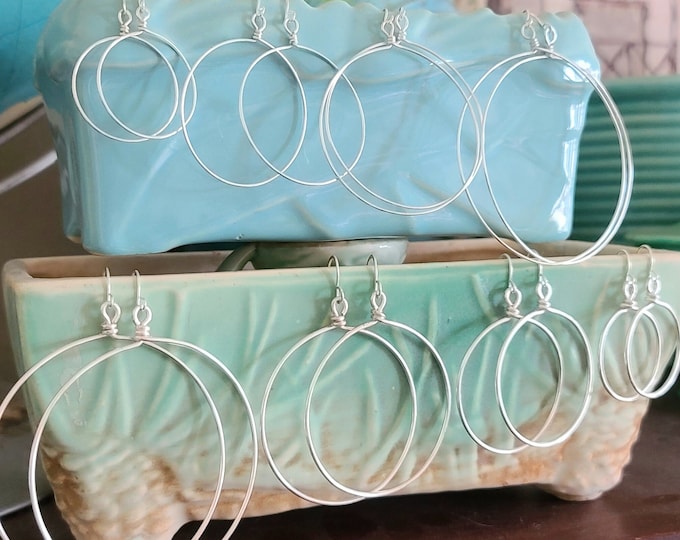Teardrop Hoop Silver Earrings/ Sterling Silver Ear Wires/ Shiny Wire Art and Bead/ Birthday Gift ...