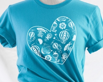 Pyrex Hot Air Balloon Turquoise T-shirt Pattern Heart Shirt, Short-Sleeve Tee, Vintage Kitchen Collector, Corning Bowl ChipDip Gifts For Her