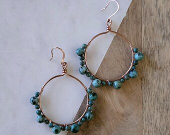 Green Turquoise & Copper Beaded Earring, Wire Wrapped Hoop, Natural African Turquoise Stone, Aged Patina, Gift for Her, 7th/11th Anniversary