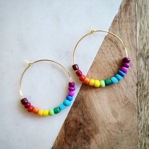 Ombre Rainbow Beaded Earrings | Rainbow Beaded Hoop | Rainbow Pride Earring | LGBTQ Earring | Pride Earring | Nickel-Free | Gold Plated