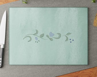 Corning Ware Country Cottage Glass Cutting Board, Vintage Inspired Kitchen Decor, White/Blue Corelle Pyrex Retro Reproduction MCM Midcentury