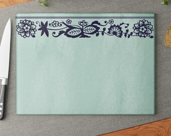Corning Ware Old Town Blue Glass Cutting Board, Vintage Inspired Kitchen Decor, White/Blue Corelle Pyrex Retro Reproduction MCM Midcentury
