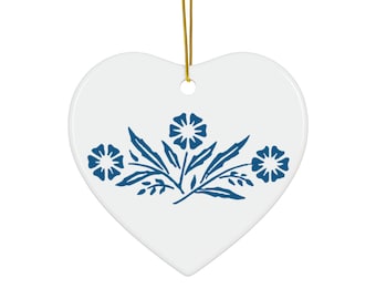 Corningware Corelle Cornflower Blue Christmas Ornament, Ceramic Heart, Holiday Tree Decoration, Vintage Inspired, Retro Reproduction