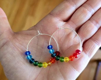 Ombre Rainbow Beaded Hoop Earring, Glass Bead, Sparkly Faceted Translucent, Rainbow Pride LGBTQ, Silver Plated Nickel-Free, Gifts For Her