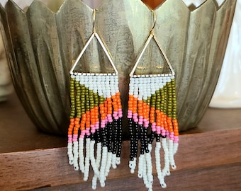 Boho Beaded Fringe Earring, Ivory/Brown/Orange/Pink/Black, Bohemian Style, Retro 1970s MCM Vintage Colors, Gold-Plated Nickel-Free Handmade