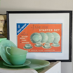 Vintage Jadeite Ad Poster, Fire King Jadite Box Label Jade-ite Starter Set Advertisement Anchor Hocking Glassware Depression Glass Collector