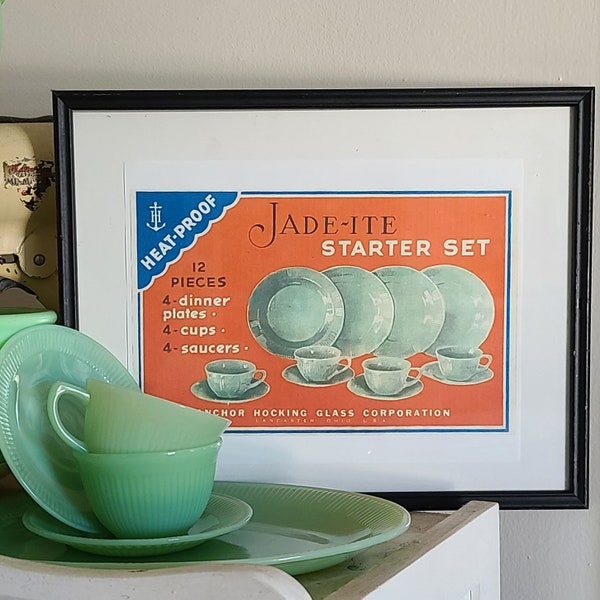 Vintage Jadeite Ad Poster, Fire King Jadite Box Label Jade-ite Starter Set Advertisement Anchor Hocking Glassware Depression Glass Collector