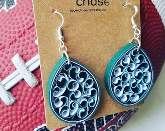 Philadelphia Football Earring, Game Day Jewelry Fan Gift, Quilled Paper, Bleed Green Silver Black, National League Three Rivers Fly Birdgang
