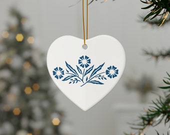 Corningware Corelle Cornflower Blue Christmas Ornament, Ceramic Heart, Holiday Tree Decoration, Vintage Inspired, Retro Reproduction