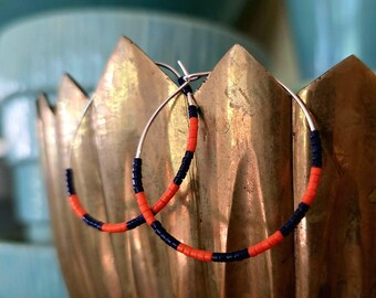 Chicago Football Earring, Navy Blue & Orange Beaded Hoop, Game Day Jewelry, NFC North National League, Fan Gear Gift for Her, Silver Plated