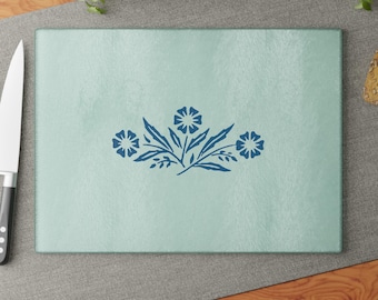 Corning Ware Cornflower Blue Glass Cutting Board, Vintage Inspired Kitchen Decor White/Blue Corelle Pyrex Retro Reproduction MCM Midcentury