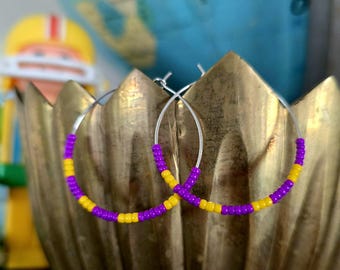 Minnesota Football Earring, Purple & Yellow Gold Beaded Hoop, Fan Gear, Game Day Jewelry, Gifts for Her, Team Colors