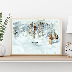 Impression numérique aquarelle de scène d&#39;hiver de coyote, téléchargement et impression instantanés, impression d&#39;animal, art mural coyote, affiche aquarelle