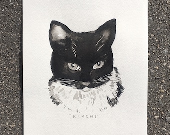 May include: Black and white watercolor painting of a cat named "Kimchi" with a white ruff around its neck.