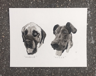 May include: Black and white watercolor illustration of two dogs, one with the name "Angus" and the other with the name "Molly".