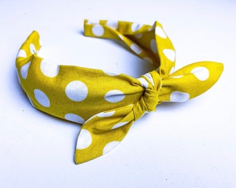 Knotted Fabric Headband in Mustard and White Polka Dot