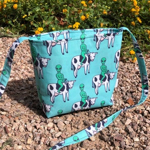 Aliens on Cows Bucket Bag 100% Handmade with Premium Cotton / Reusable Bag w/ Snap Closure Fun Gift Accessory Zero Waste Accessories