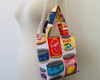 Vintage Collage Mini Tote Crossbody Bag 100% Handmade w/ Premium Cotton Double Layered w/ Iridescent Acrylic Chain Sustainably Made