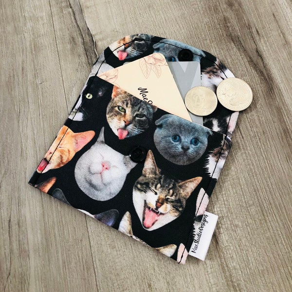 Cat Heads Coin Pouch 100% Cotton Handmade w/ Snap Closure Cute Gifts / Coin Wallet Zero Waste Accessories