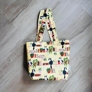 Cat Library Mini Tote Bag Handmade to Order 100% Cotton w/ Top Handles and Snap Closure Zero Waste Accessories Cat Lover Gifts