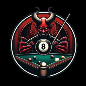 May include: A circular graphic featuring a red devil with horns, holding an eight ball above a pool table. The devil has a menacing expression. The pool table is green with various colored balls and a cue stick.
