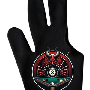 May include: Black three-fingered pool glove with a red and black illustration of a devil playing pool with the number 8 ball.