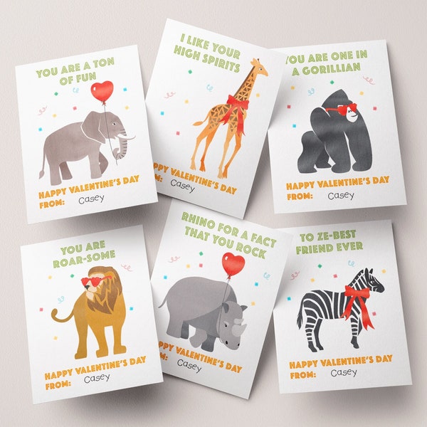 Kids Valentine Cards | INSTANT DOWNLOAD | Safari animals, wild animals, jungle lion, giraffe, gorilla, elephant, zebra, DIY printables