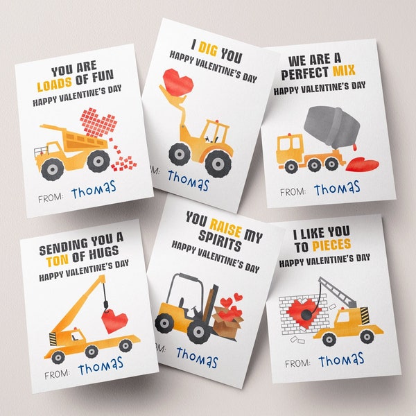 Kids Valentine Cards | INSTANT DOWNLOAD | Construction Vehicles, Construction Trucks, Valentines, Valentine's Day DIY Printable Cards