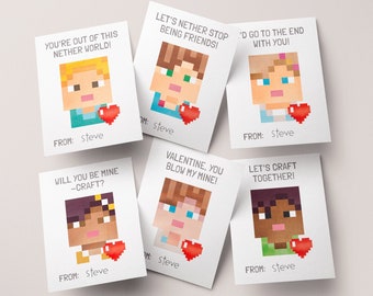 Kids Valentine Cards | INSTANT DOWNLOAD | pixel block game skins valentines, generic 8-bit character skins, mods, DIY printable