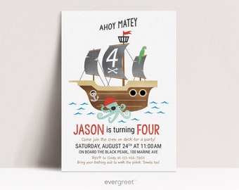 Pirate Ship Birthday Invitation for Kids | Custom Digital Printable | pirate invite, ocean, sea creature, octopus, ahoy matey, pool party