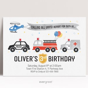 Police Emergency Birthday Invitation & Party Pack (optional) for Kids | Custom Digital Printables | fire truck, cops, police decorations