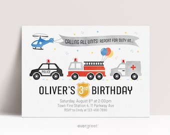 Police Emergency Birthday Invitation & Party Pack (optional) for Kids | Custom Digital Printables | fire truck, cops, police decorations