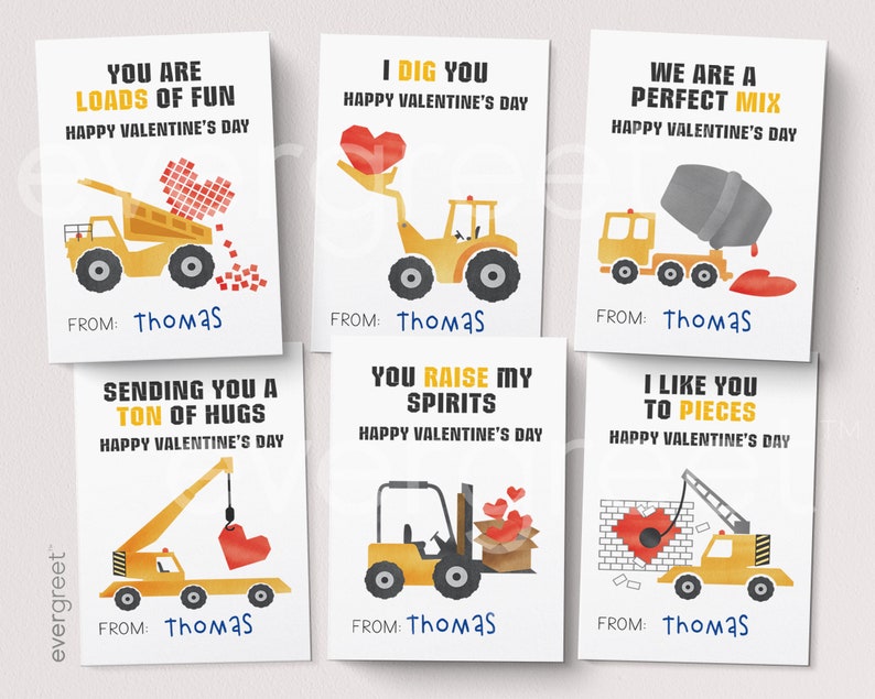 Kids Valentine Cards | INSTANT DOWNLOAD | Construction Vehicles, Construction Trucks, Valentines, Valentine's Day DIY Printable Cards 