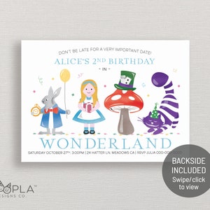 Alice in Wonderland Birthday Invitation for Kids | Custom Digital Printable | cheshire cat, mad hatter, tea birthday party, onederland