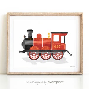 Red Steam Train Wall Print | Digital Printable Art | steam engine, railway car, train art poster for kids room or nursery wall decor