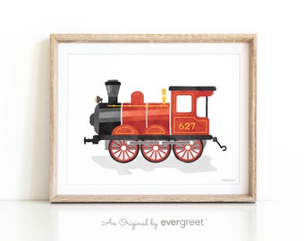 Red Steam Train Wall Print | Digital Printable Art | steam engine, railway car, train art poster for kids room or nursery wall decor