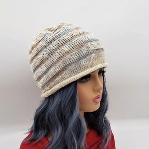 Handmade Cotton Knit Beanie: Cream Beige Blue Boho Hat
