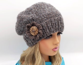 Hand Knitted Slouchy Knit Beanie Gray Alpaca Wool Acrylic blend hat Flower hat Baggy Boho hat Winter Unique Handmade Seamless knit Women