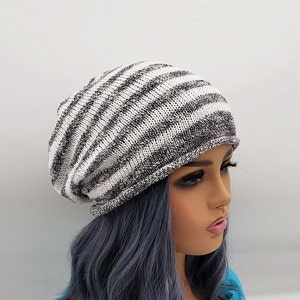 Handmade Striped Cotton Slouchy Beanie: Lightweight Knit Boho Hat