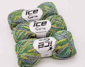 May include: Several skeins of variegated yarn in shades of green, yellow, and lavender. Each skein has a white label with the text "ICE YARNS" and the website address. The yarn is labeled "Imperial Cotton".