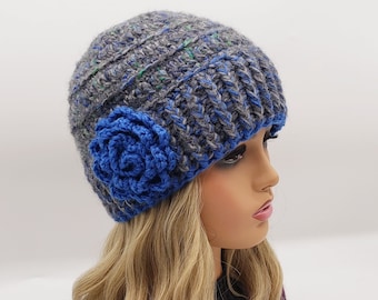Small size Hand Crochet Wool Flower Beanie - Gray Blue Green - Small