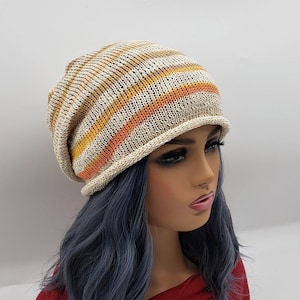 Striped Cotton Beanie: Handmade Lightweight Knit Slouchy Boho Hat