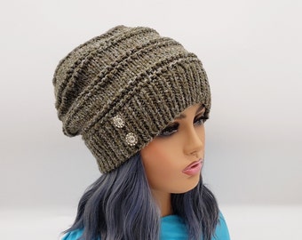 Hand Knit Wool Slouchy Beanie: Gray Green Winter Hat