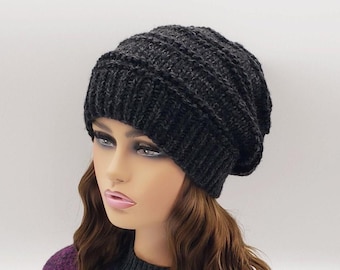 Hand Knit Wool Blend Slouchy Beanie: Black & Gray Oversized Hat