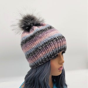 Hand knit Multicolored Handmade Women Pompom Hat. Seamless Winter Knit Beanie. Wool Winter Hat. Fur pom pom hat.