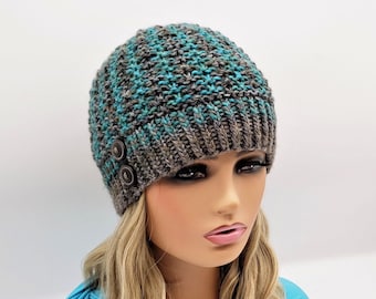 Hand Knit Wool Beanie: Women's Winter Hat with Buttons