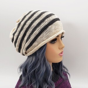 Striped Cotton Beanie: Handmade Lightweight Knit Slouchy Boho Hat