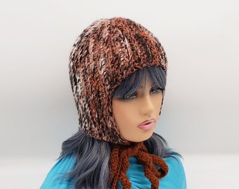 Hand Crochet Retro Alpaca Wool Hat.  Orange White Black Woman Bonnet. Vintage 1950s. Bonnet with ties