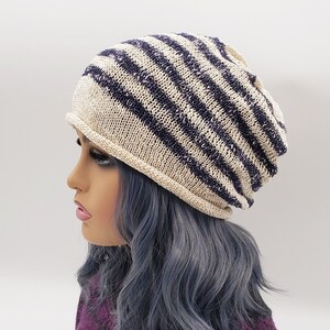 Striped Cotton Knit Beanie: Handmade Slouchy Boho Summer Hat
