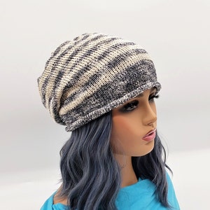 Handmade Cream Blue Striped Cotton Beanie, Lightweight Knitted Boho Hat